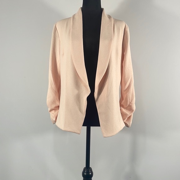 Jackets & Blazers - Pink, Open Front Blazer, Large, rousted sleeve, jacket,cardigan,ruched sleeve
